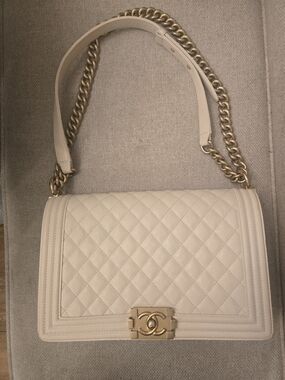 CHANEL Cream Quilted Large Boy Bag with Gold Hardware
